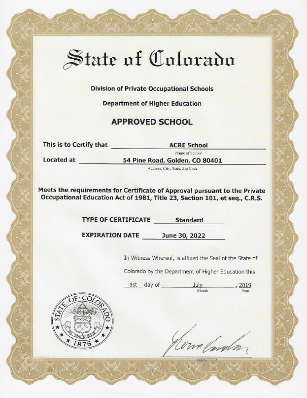 State of Colorado Certificate | ACRE Real Estate School